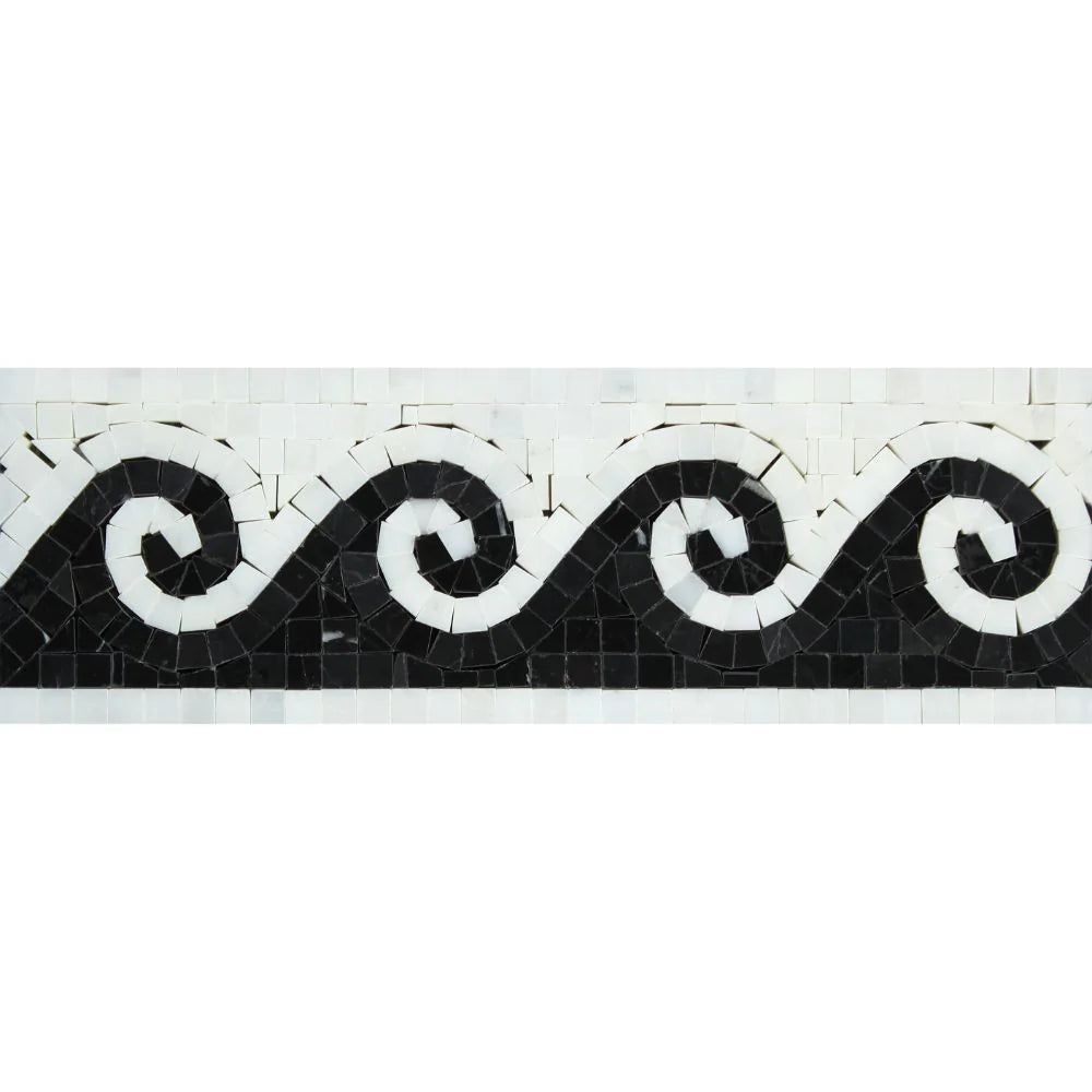 Close-up of Greek Wave Black border detail on Carrara marble