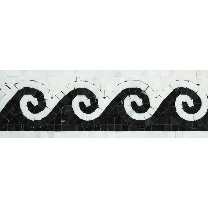 Close-up of Greek Wave Black border detail on Carrara marble