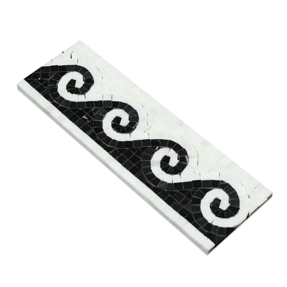 Arabescato Carrara Greek Wave Border Black Marble 4x12