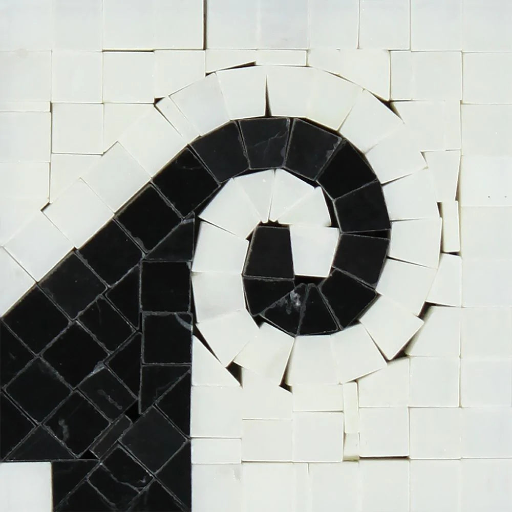 Close-up of Greek Wave Corner in black on Carrara marble