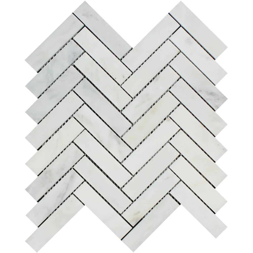 Arabescato Carrara Marble 1x4 Herringbone Mosaic tile sheet with polished finish