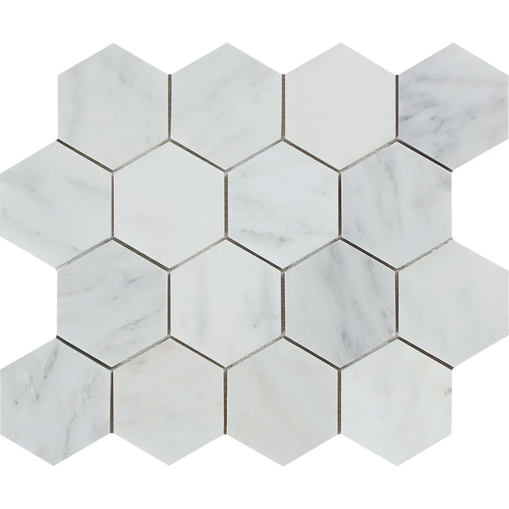 Arabescato Carrara Marble Hexagon 3x3 Mosaic in polished finish on mesh sheet