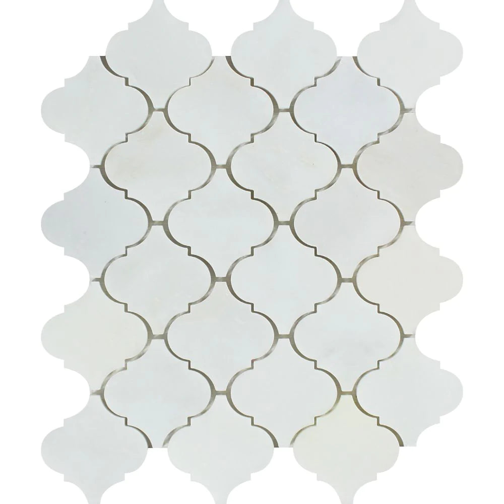 Arabescato Carrara Lantern Mosaic tile in polished finish on mesh