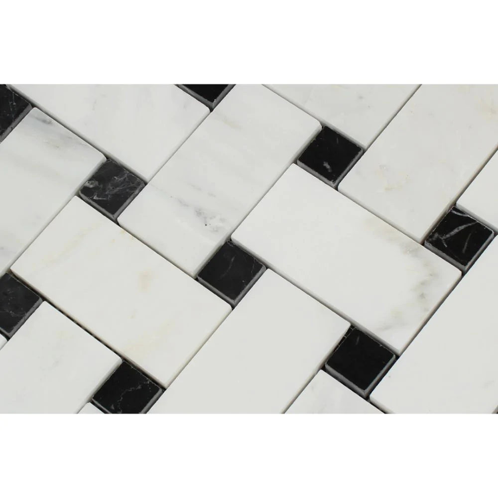 Close-up of Arabescato Carrara Basketweave Mosaic showing pattern and veining