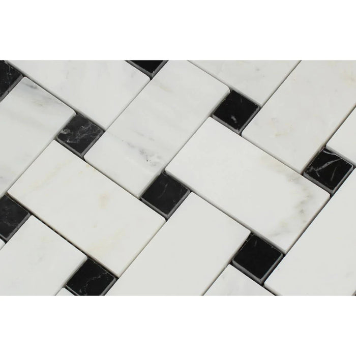 Close-up of Arabescato Carrara Basketweave Mosaic showing pattern and veining