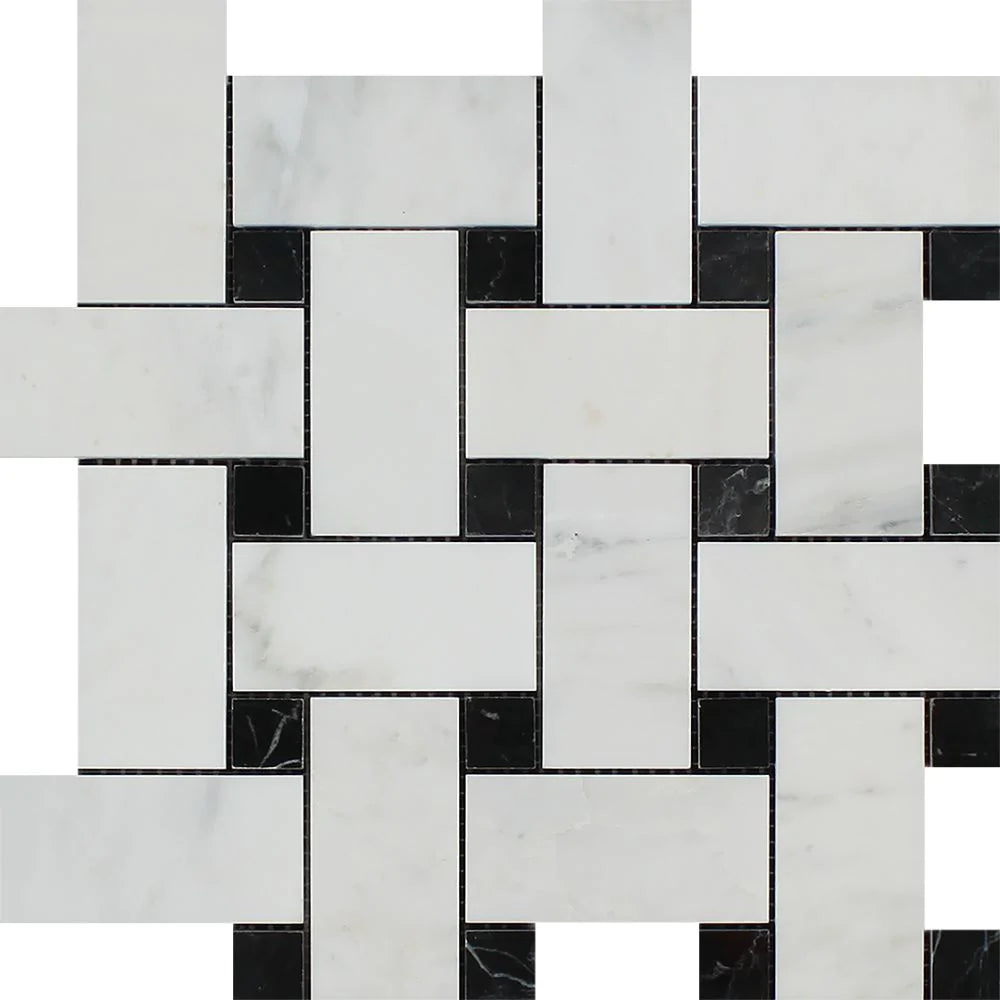 Arabescato Carrara Large Basketweave Black Marble Mosaic