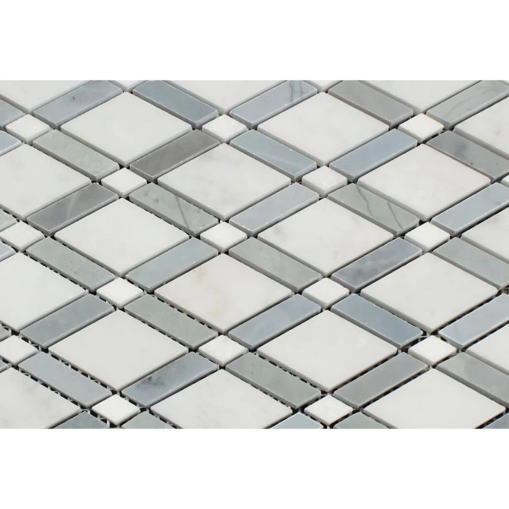 Close-up of Arabescato Carrara Lattice Mosaic showing interlocking marble pattern