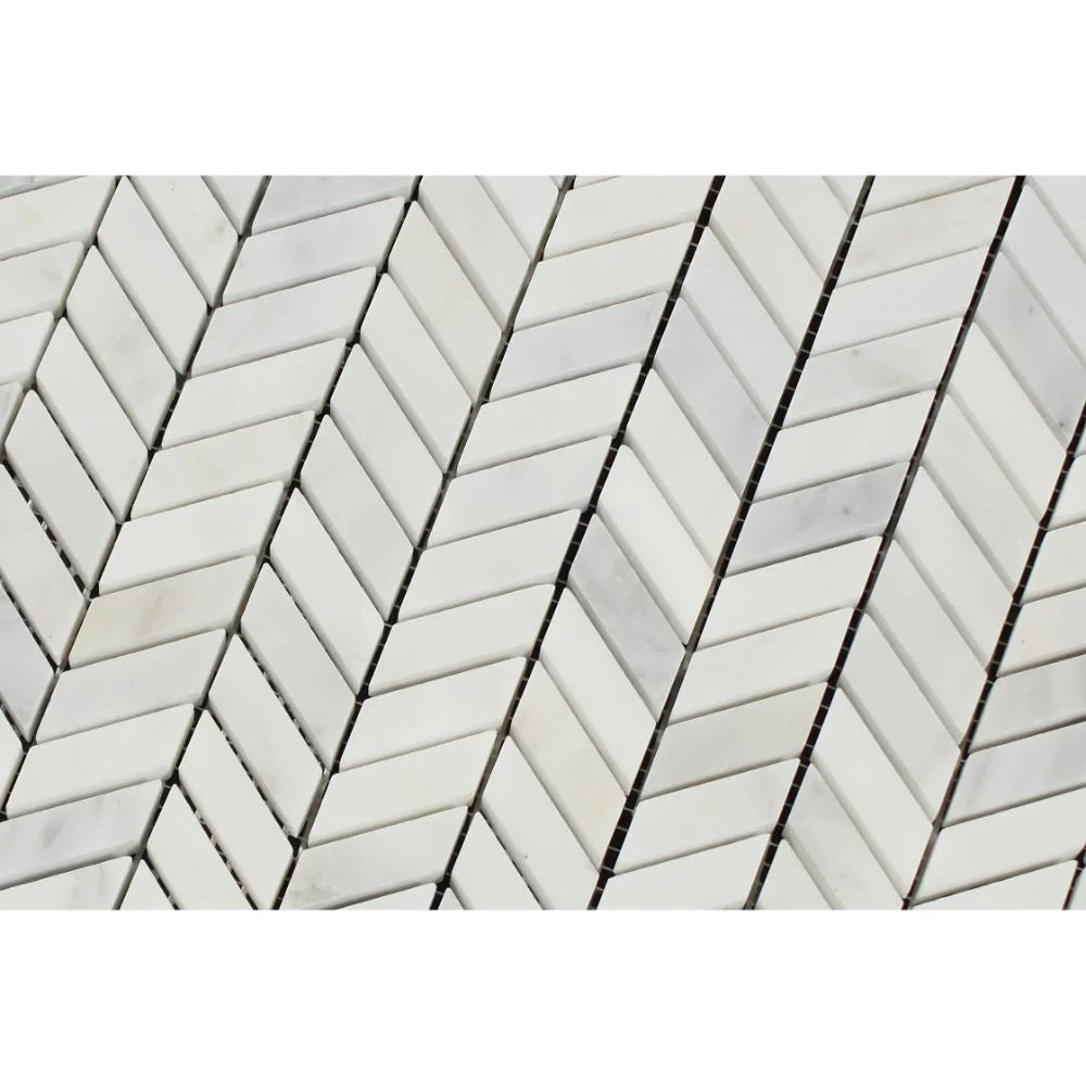 Close-up of Arabescato Carrara Mini Chevron Mosaic showing chevron pattern and veining