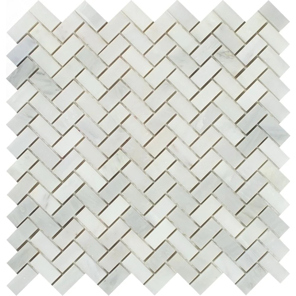 Arabescato Carrara Mini Herringbone Mosaic tile sheet in polished finish