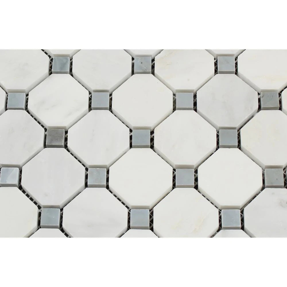 Close-up of Arabescato Carrara Octagon Blue Mosaic showing polished octagon pattern with blue dots