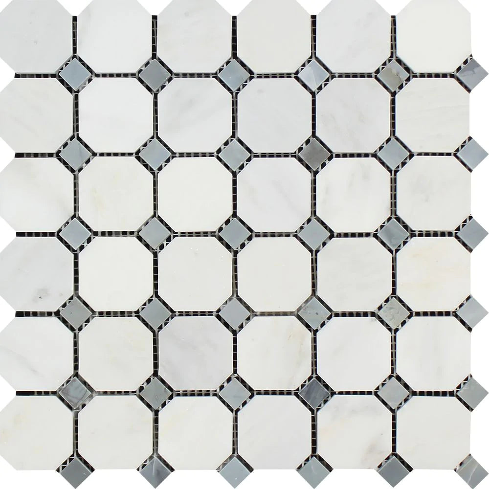 Arabescato Carrara Marble Octagon Blue Mosaic tile polished 12x12