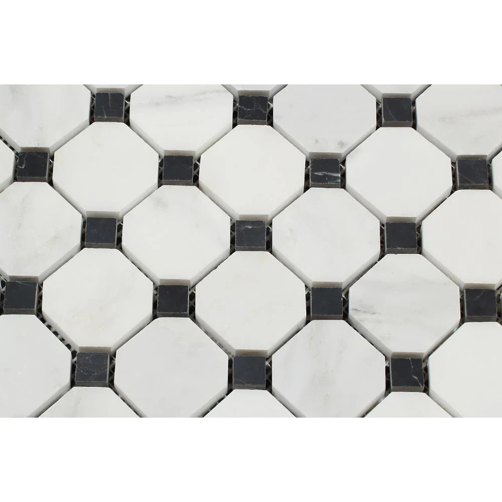 Close-up of Arabescato Carrara Octagon Mosaic showing polished octagon tile detail