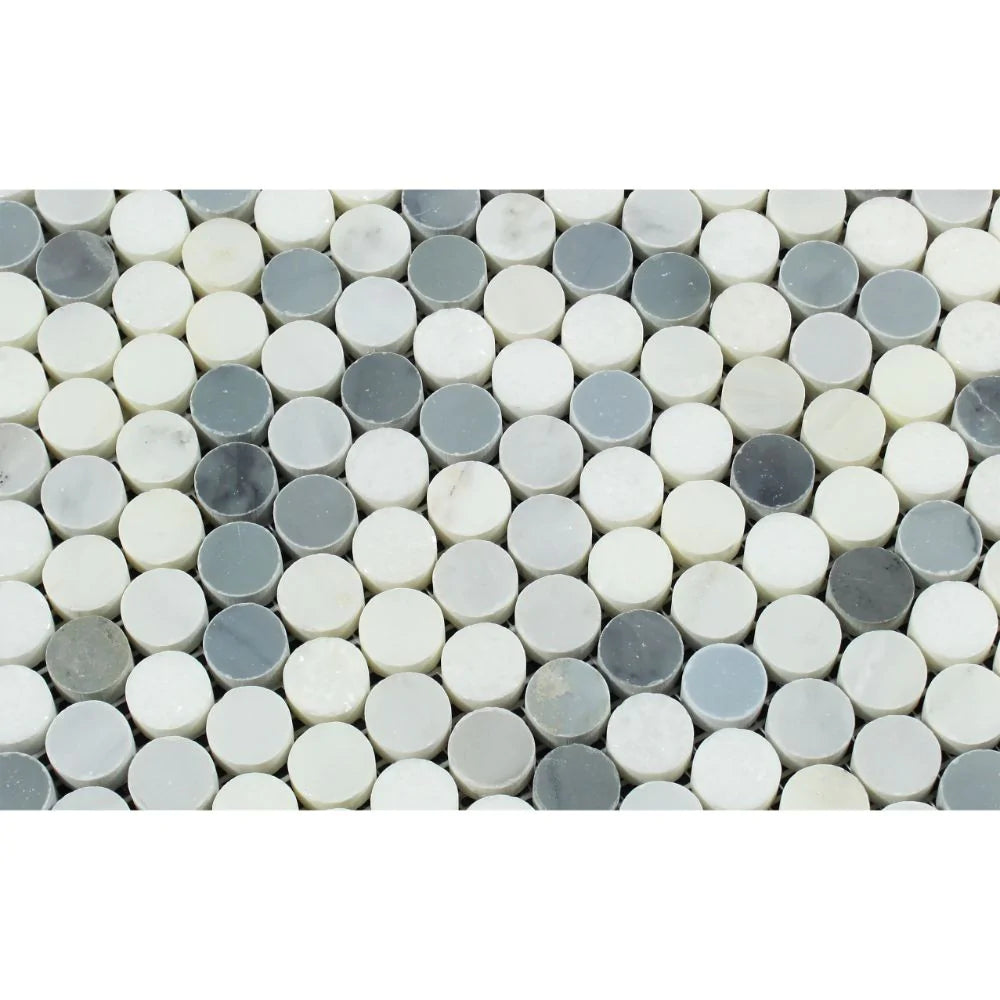 Close-up of Arabescato Carrara penny round marble with blue veining detail