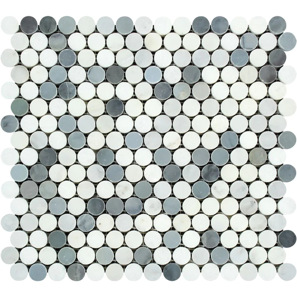 Arabescato Carrara Penny Round Blue Mosaic tile with white, gray, and blue tones
