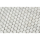 Close-up of Arabescato Carrara penny round marble tile showing natural veining