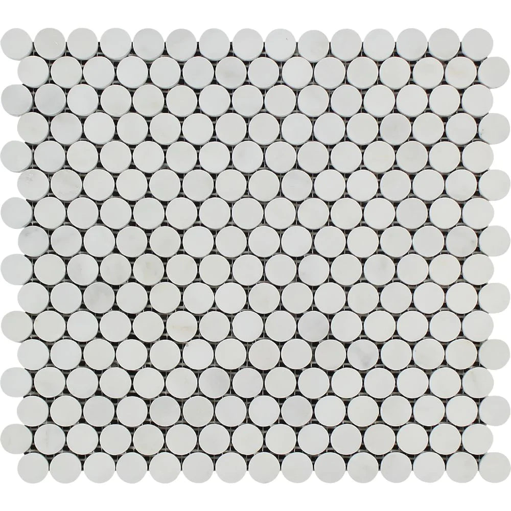 Arabescato Carrara Penny Round Mosaic in polished white and gray tones