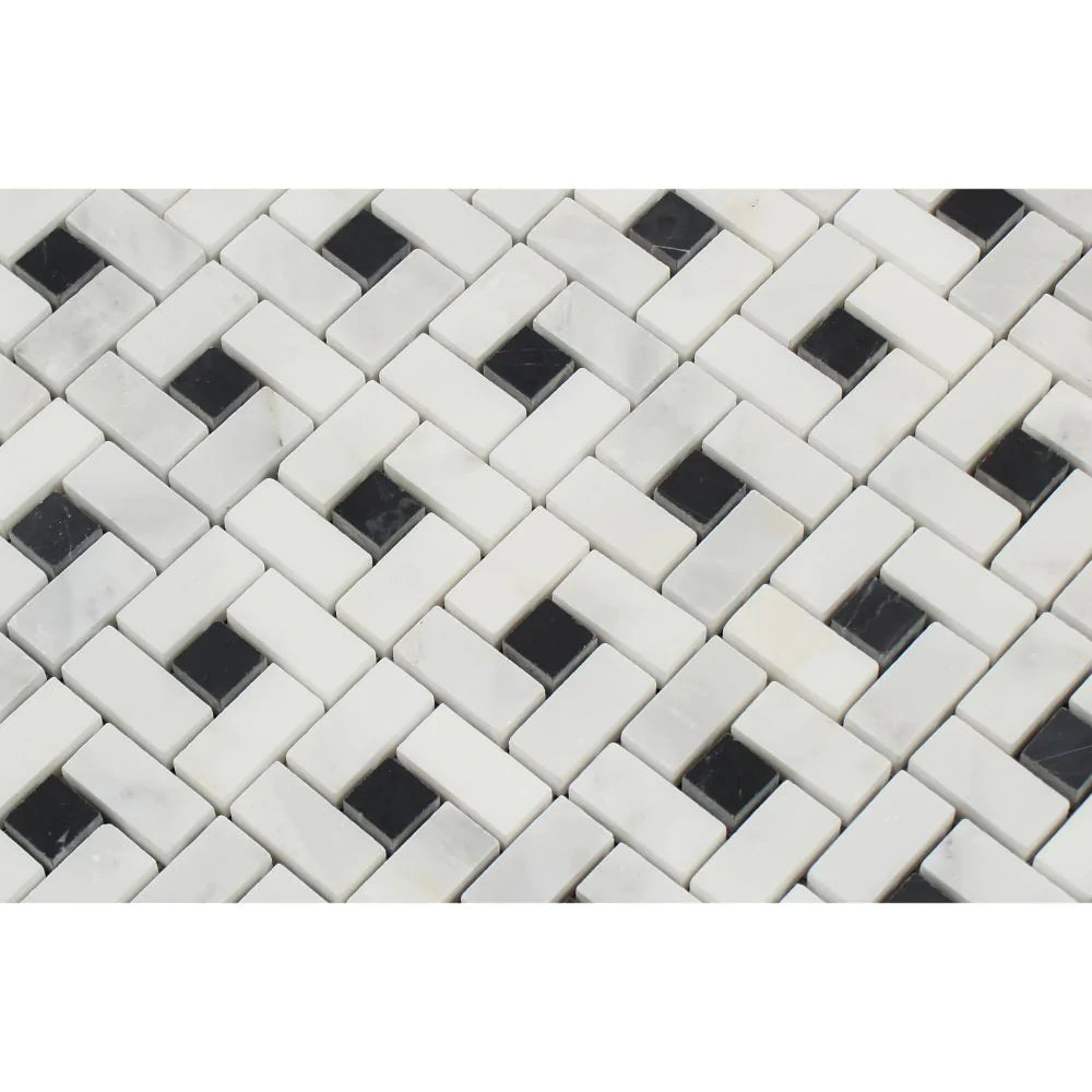 Close-up of Arabescato Carrara Pinwheel Mosaic showing detailed marble veining