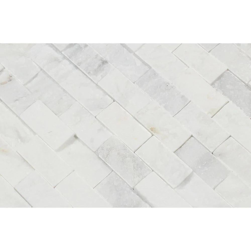 Close-up of Arabescato Carrara Splitface Mosaic showing white and gray textured surface