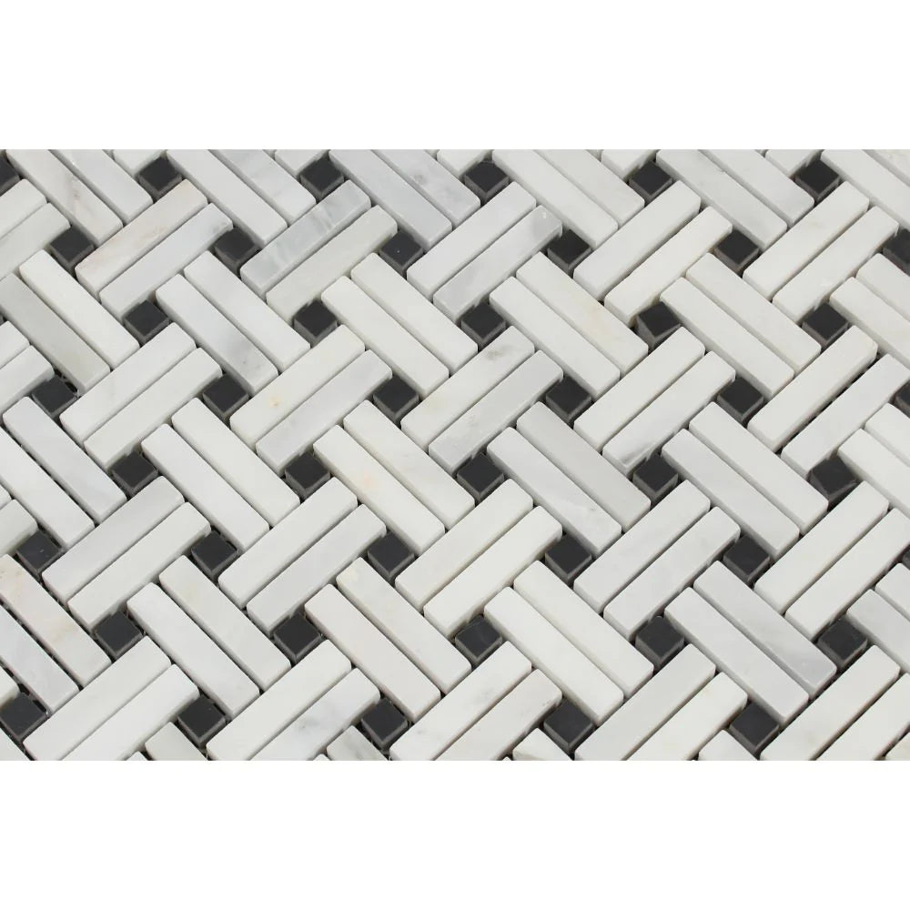 Close-up of Arabescato Carrara Stanza Mosaic with bold black accents