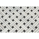 Close-up of Arabescato Carrara Stanza Mosaic with bold black accents