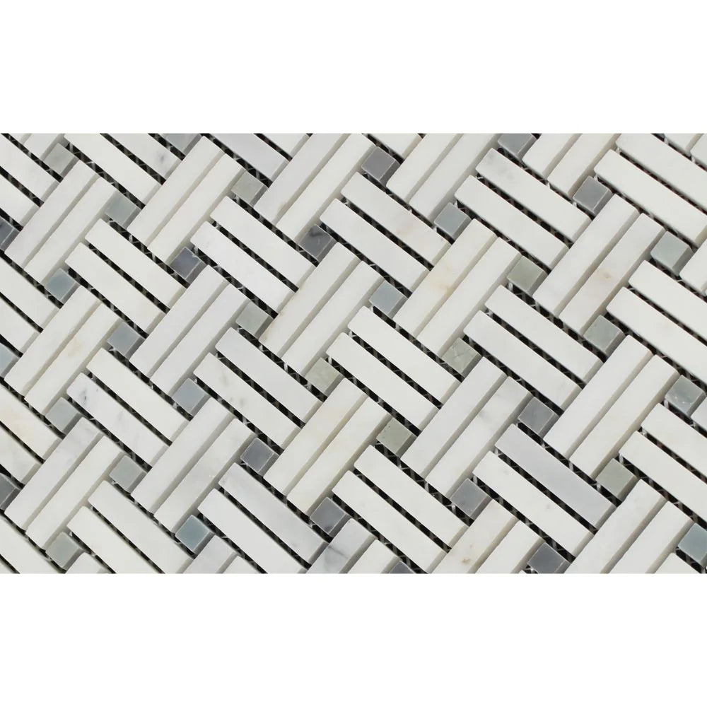 Close-up of Arabescato Carrara Marble Stanza Mosaic showing blue and white contrast