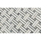 Close-up of Arabescato Carrara Marble Stanza Mosaic showing blue and white contrast