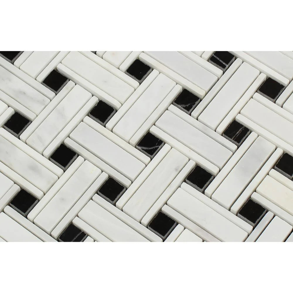 Close-up of Arabescato Carrara Marble Triple Weave Mosaic showing intricate pattern