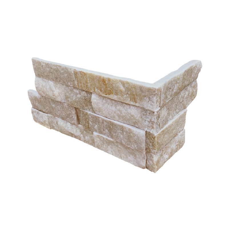 Flat lay of Arctic Golden quartzite corner panels with natural cream and white blend