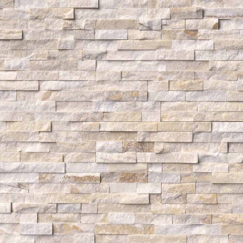 Flat view of Arctic Golden Quartzite Stacked Stone Panel in split face finish, 6x24