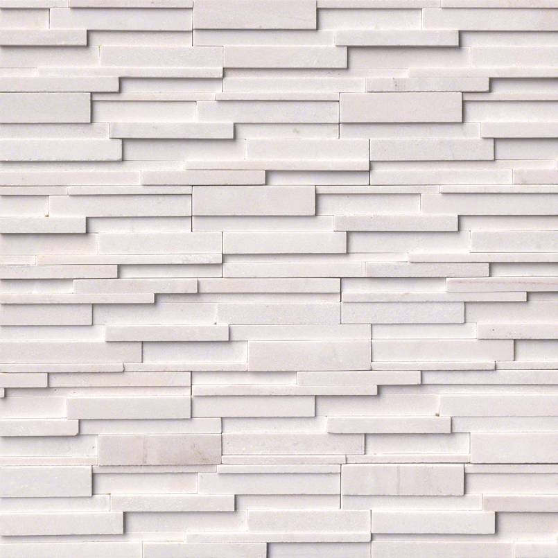 Flat lay of Arctic White 3D Honed marble stacked stone panel in solid snowy white