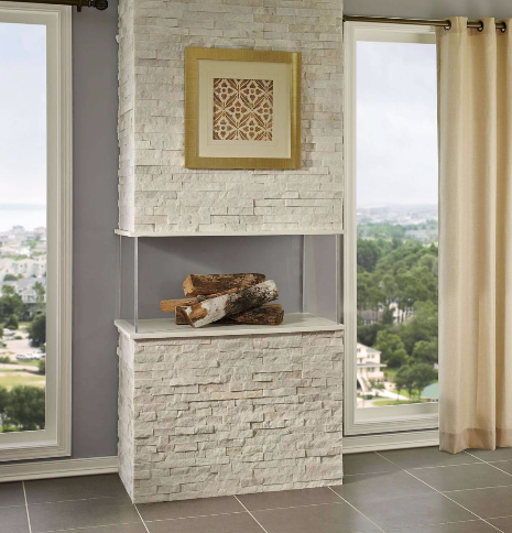 Close-up of Arctic White split face marble showcasing crisp white veining and rugged texture
