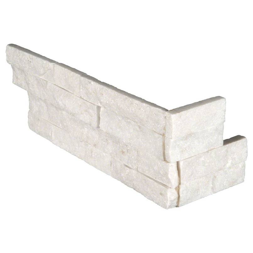 Flat lay of Arctic White split face quartzite corner panels with rugged stone texture