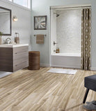 Close-up of Aspenwood Amber porcelain tile showing warm beige and amber wood detailing