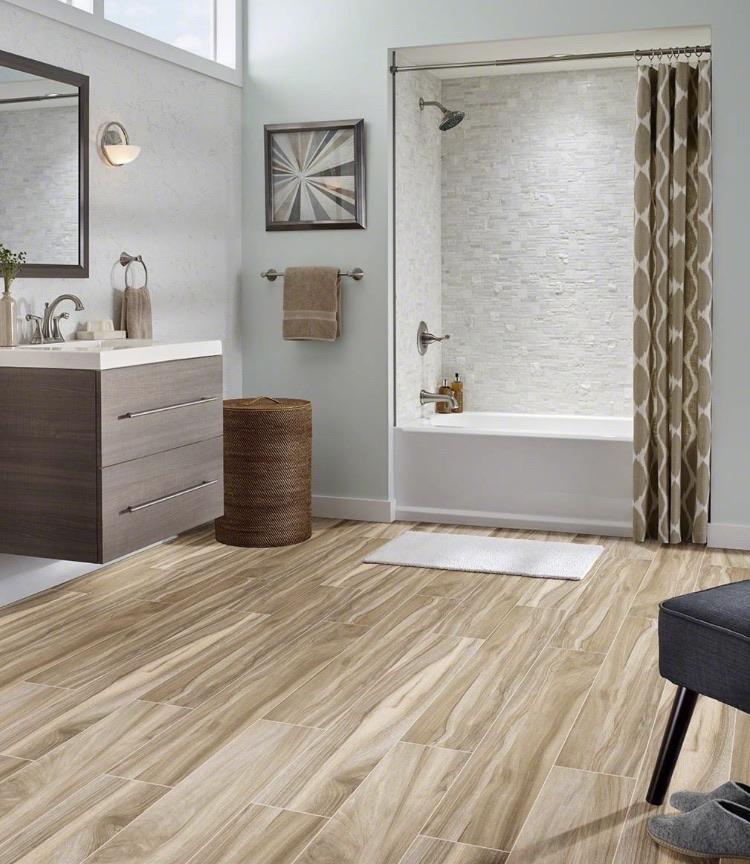 Close-up of Aspenwood Amber porcelain tile showing warm beige and amber wood detailing