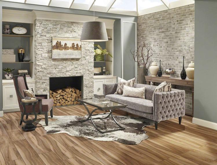 Close-up of Aspenwood Café porcelain tile with warm wood knots and matte finish