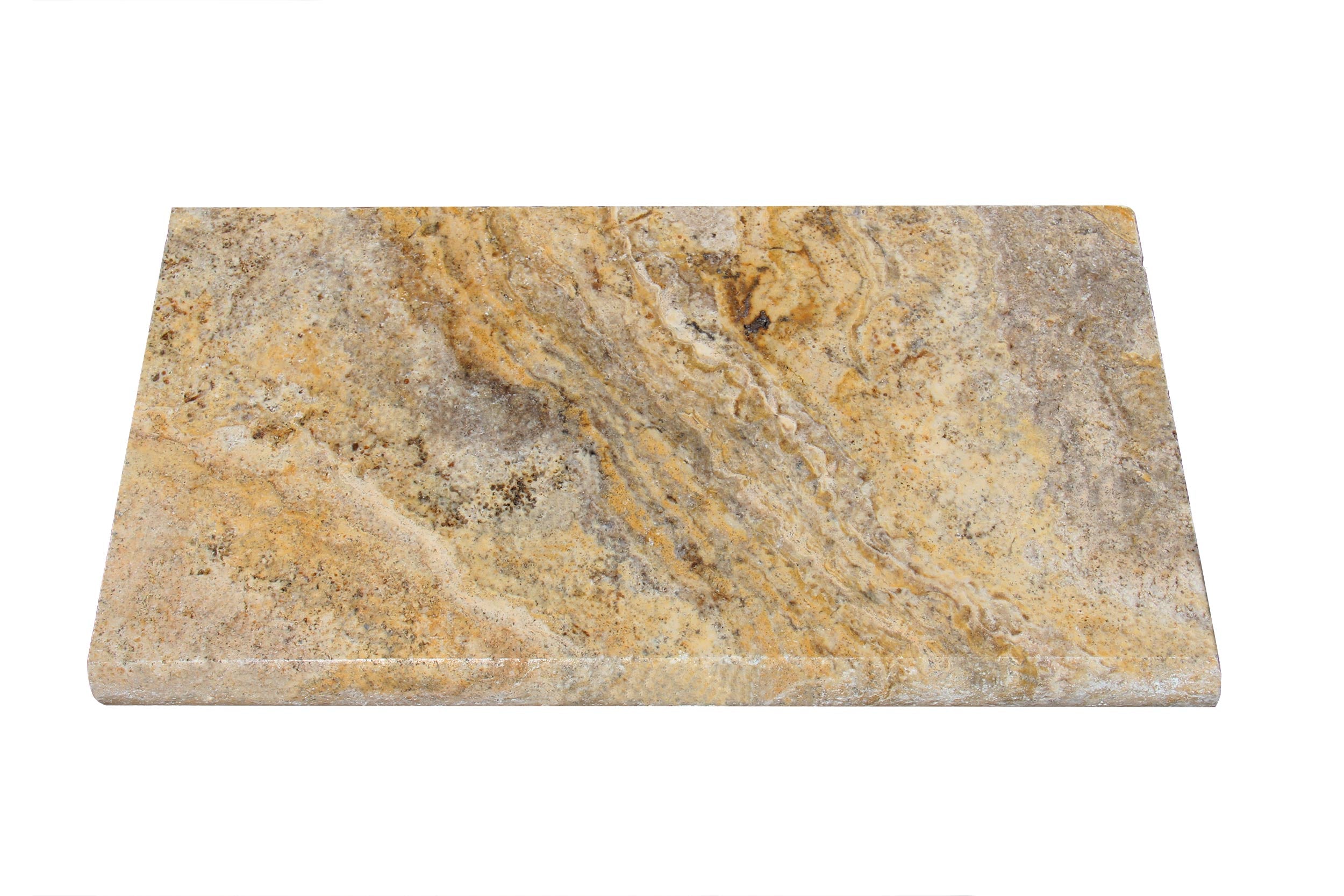 Close-up of Autumn Travertine showing warm golden and burgundy veining