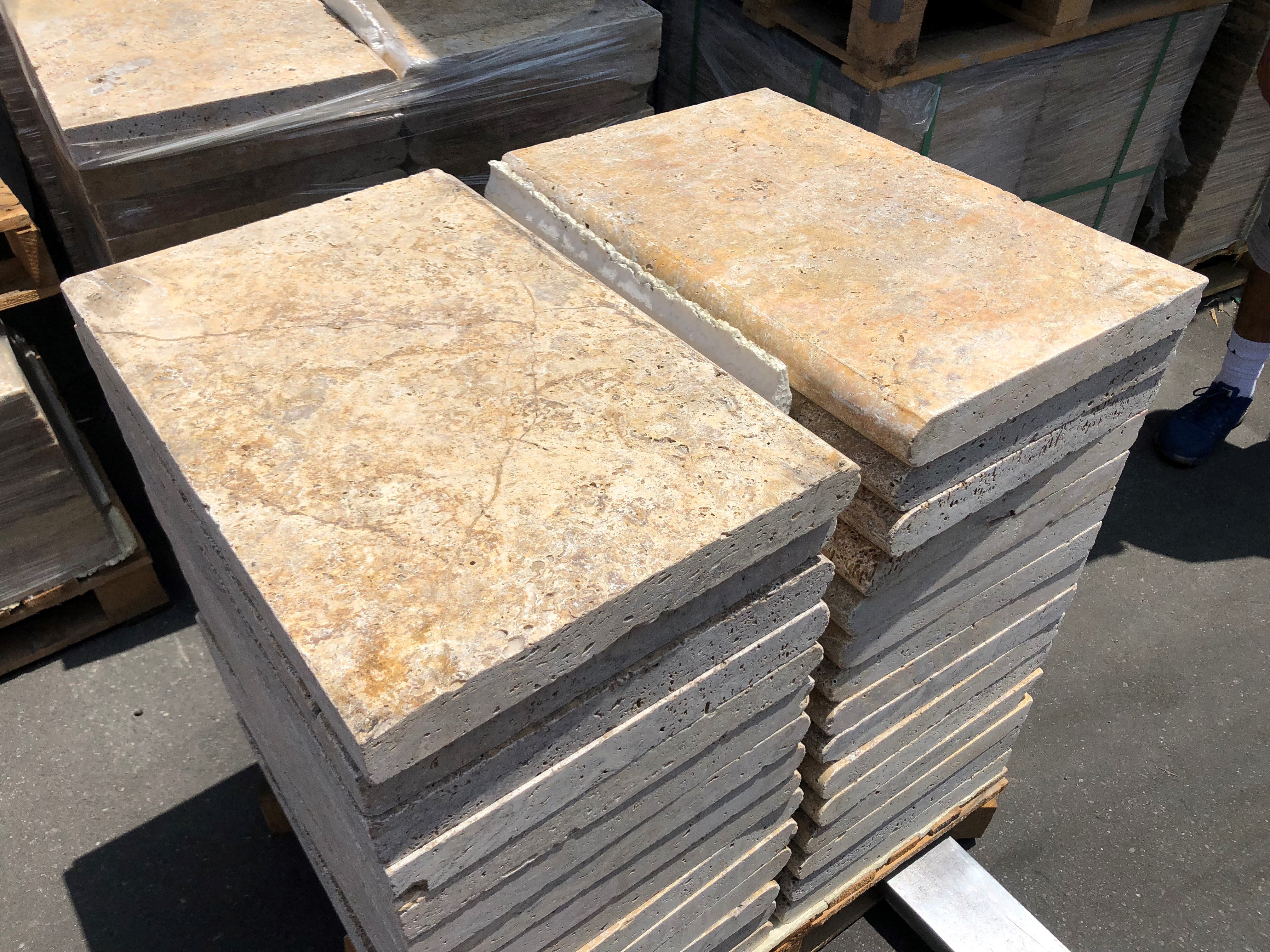 Flat view of Autumn Travertine Pool Coping 12x24 with tumbled surface and bullnose edge