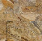 Autumn Travertine Paver in Roman Pattern with golden and burgundy tones
