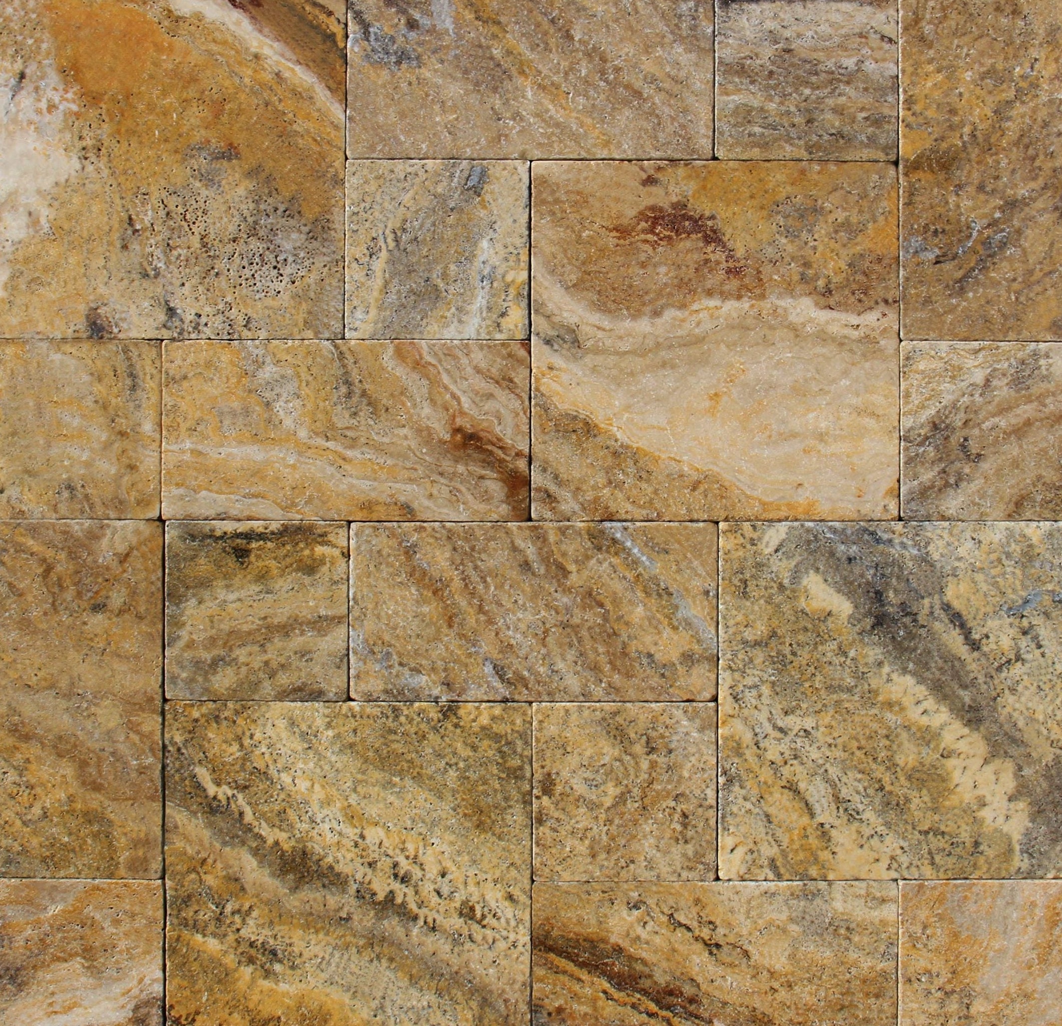 Autumn Travertine Paver in Roman Pattern with golden and burgundy tones
