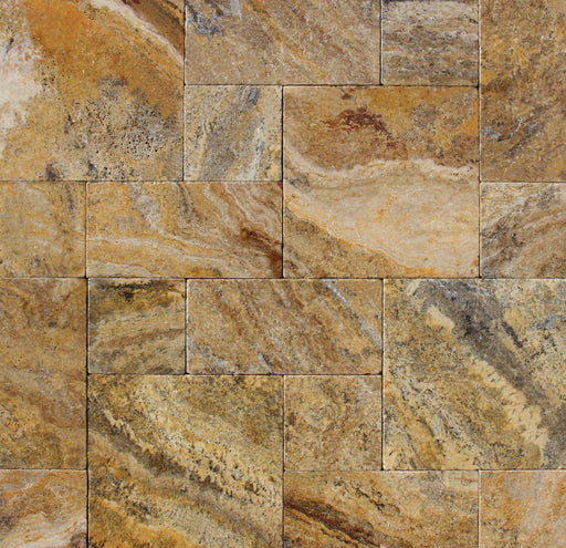 Autumn Travertine Paver in Roman Pattern with golden and burgundy tones
