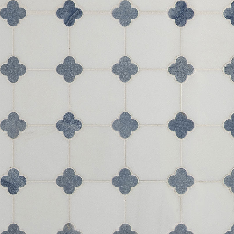 Close-up of Azula Floret tiles showing polished finish and intricate floral design