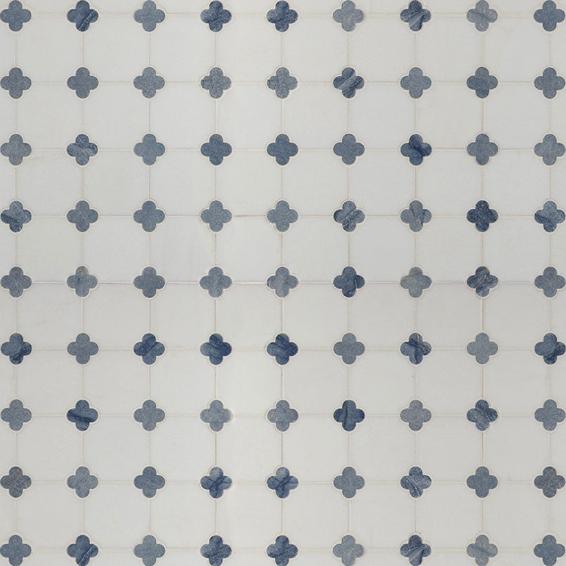 Flat view of Azula Floret Marble Mosaic Tile with warm white tones and floral pattern