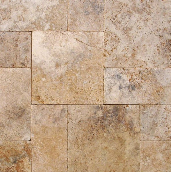 Flat view of Bergamo Travertine Paver in Versailles pattern with tumbled finish