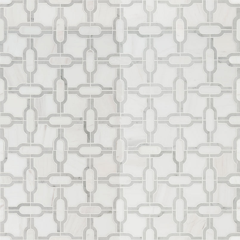 Close-up of Bianco Gridwork mosaic showing polished marble grid design