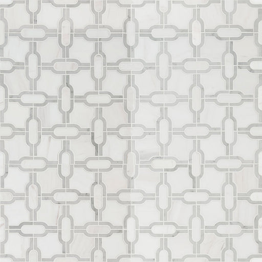 Close-up of Bianco Gridwork mosaic showing polished marble grid design