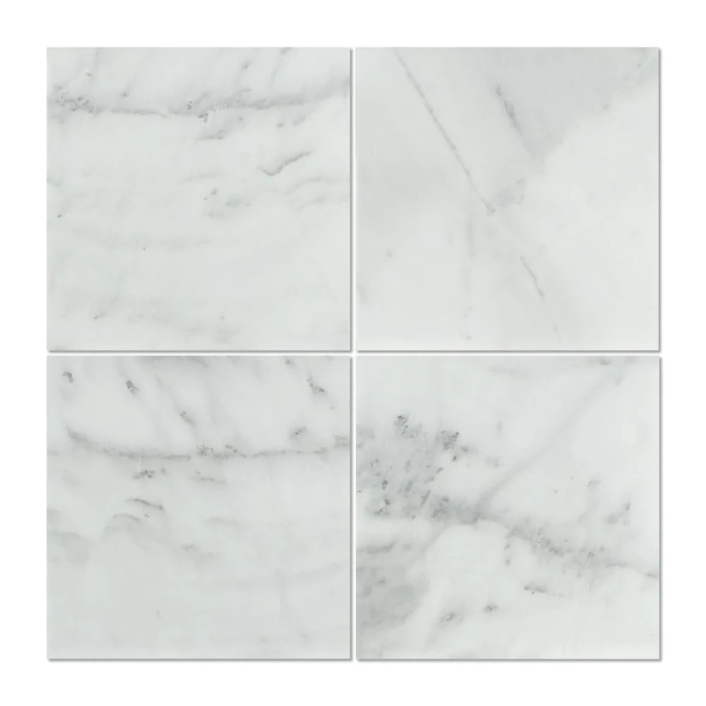 Flat view of Bianco Mare 18x18 Polished Marble Tile, soft white with veining