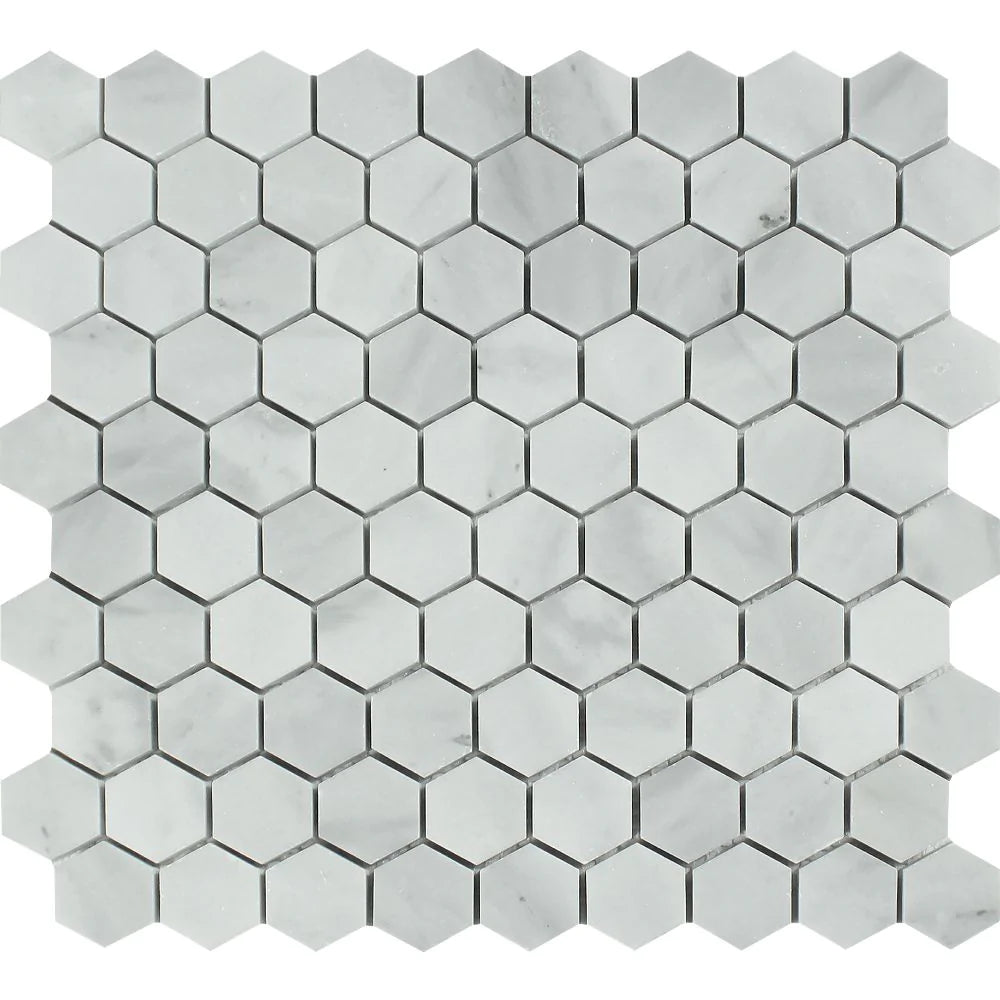 Flat view of Bianco Mare 1x1 Hexagon Marble Mosaic in polished finish