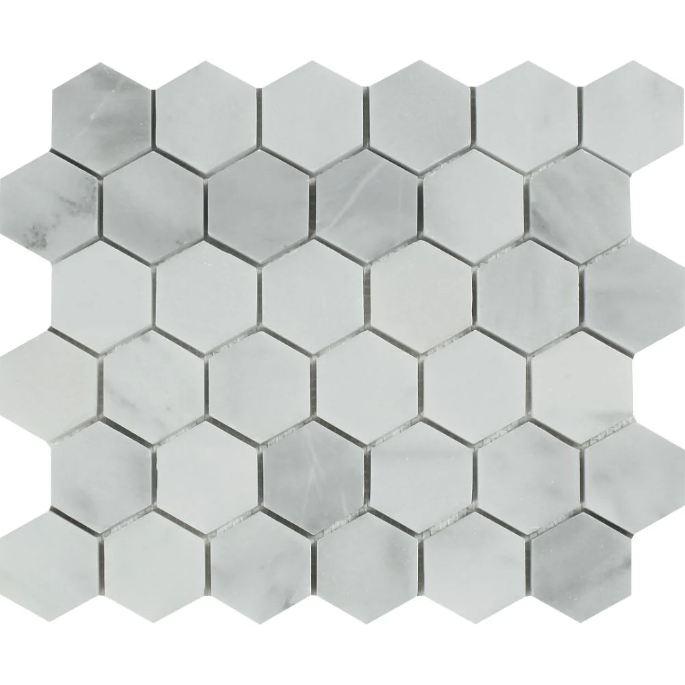 Flat view of Bianco Mare 2x2 Hexagon Mosaic in polished finish