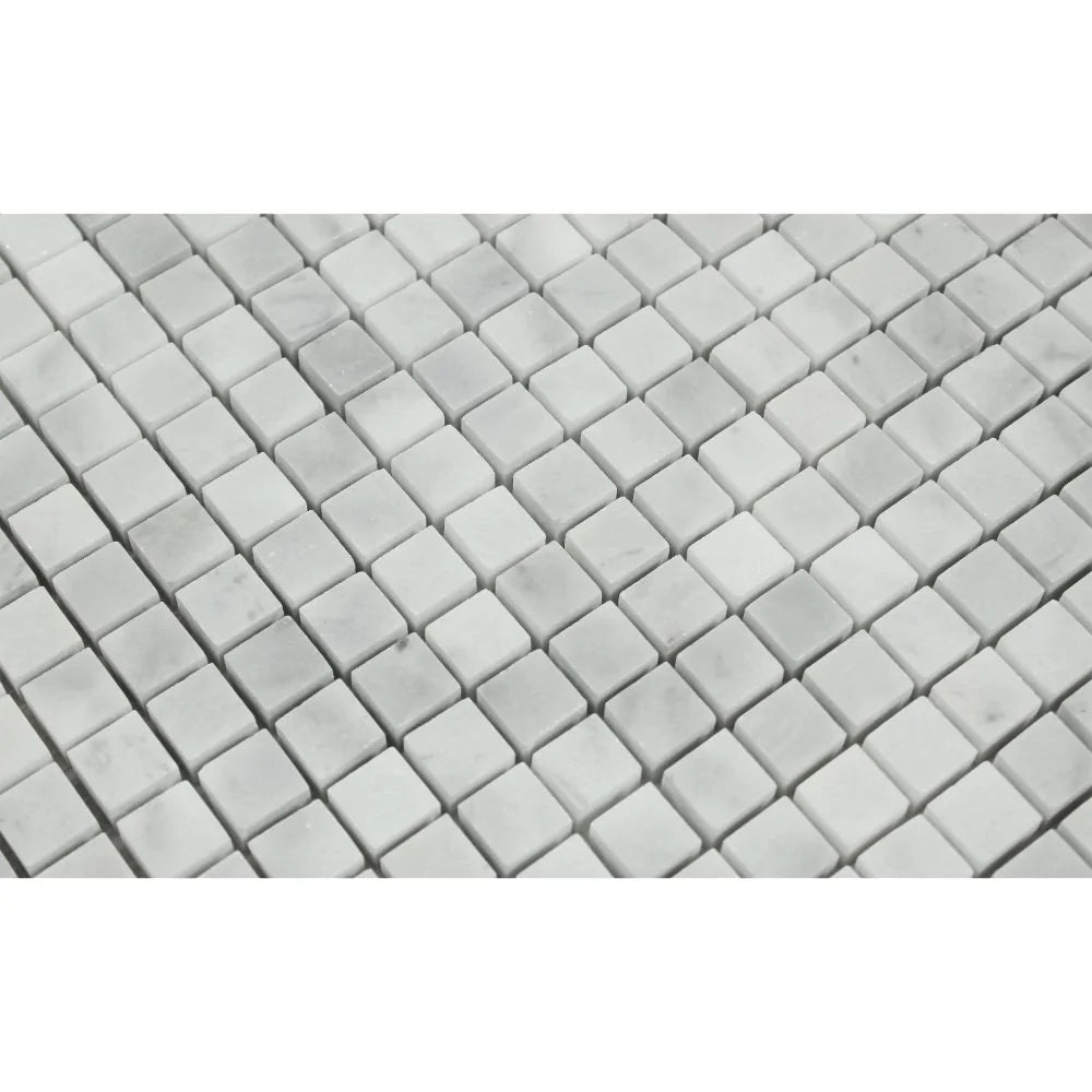 Close-up of Bianco Mare Marble Mosaic showing small 5/8 squares and gray veining