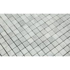 Close-up of Bianco Mare Marble Mosaic showing small 5/8 squares and gray veining